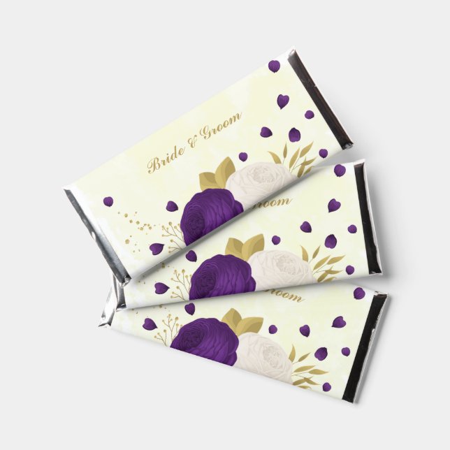 royal purple white flowers gold botanical wedding hershey bar favors (Front)
