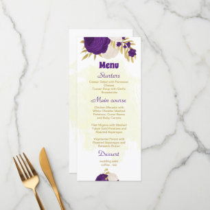 royal purple white flowers gold botanical wedding  menu