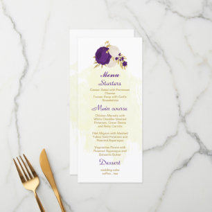 royal purple white flowers gold botanical wedding menu