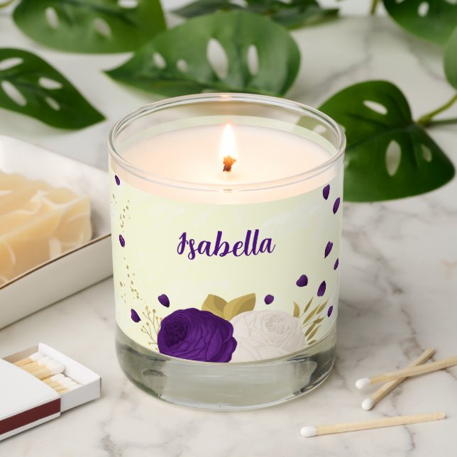 royal purple white flowers gold botanical wedding scented candle (Lit)
