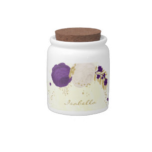 royal purple white flowers gold candy jar