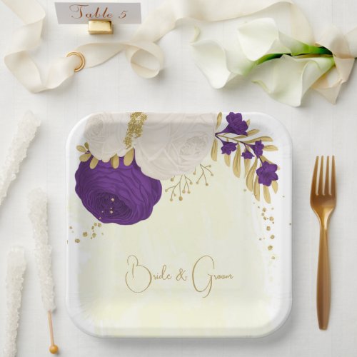 royal purple  white flowers gold paper plates