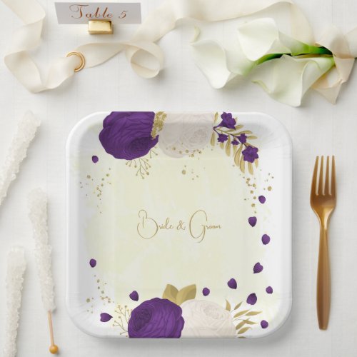 royal purple  white flowers gold paper plates