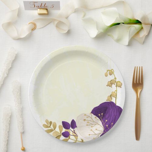 royal purple  white flowers gold paper plates