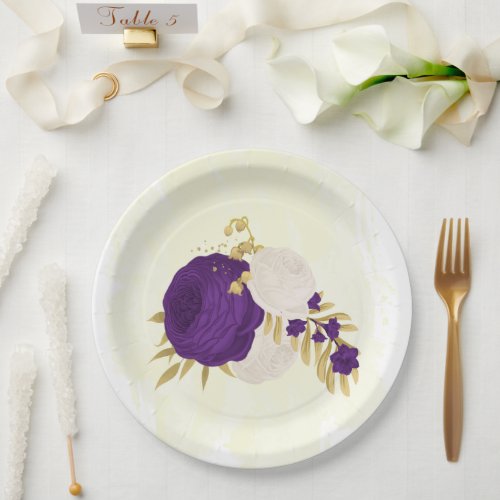 royal purple  white flowers gold  paper plates