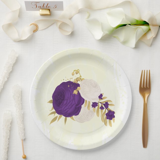 royal purple & white flowers gold  paper plates (Wedding)