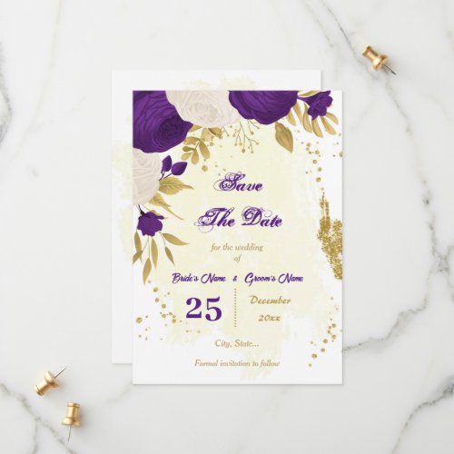 royal purple white flowers gold  save the date