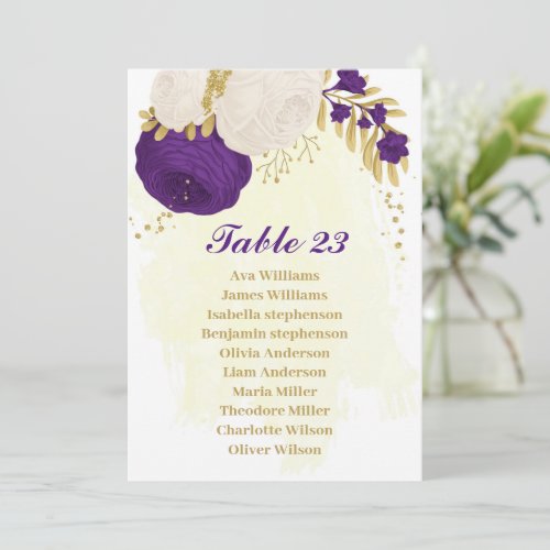 royal purple white flowers gold seating chart card