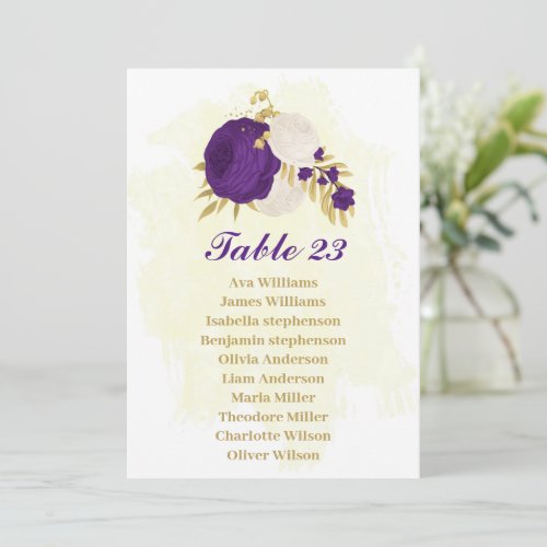 royal purple white flowers gold seating chart card