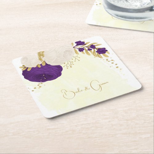 royal purple  white flowers gold square paper coaster
