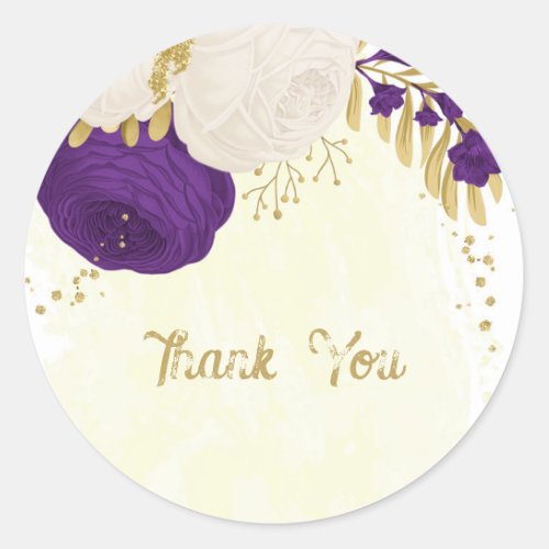 royal purple  white flowers gold thank you classic round sticker