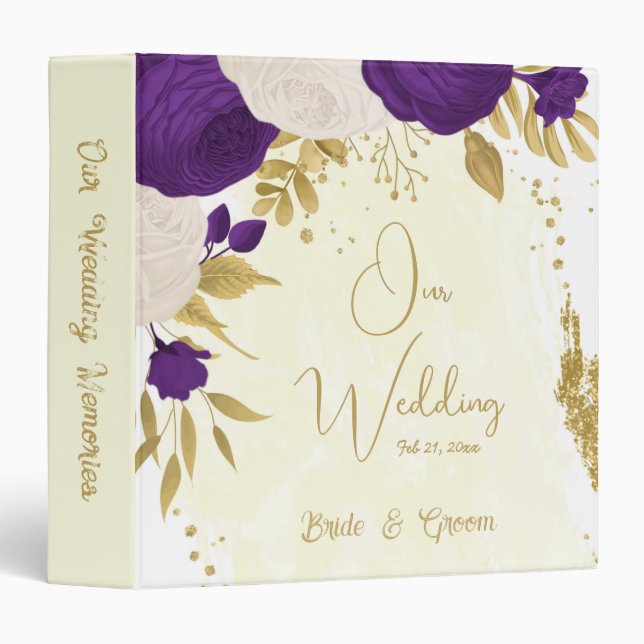 royal purple white flowers gold wedding album 3 ring binder (Front/Spine)