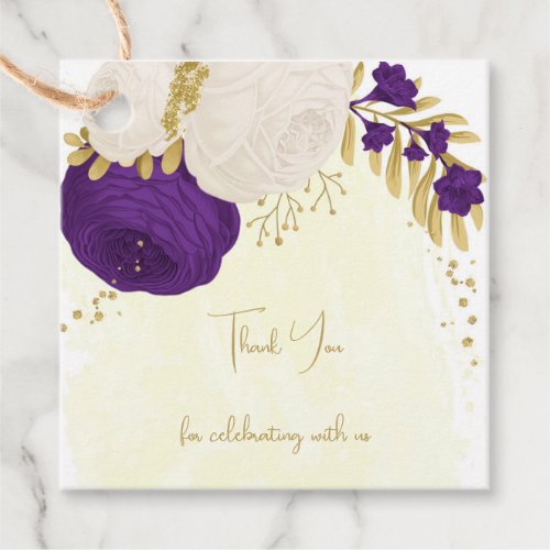royal purple  white flowers gold wedding favor tags