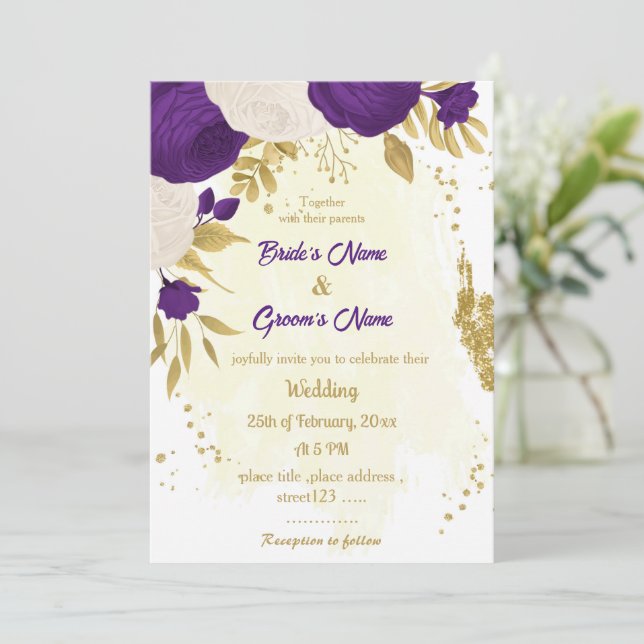royal purple white flowers gold wedding invitation (Standing Front)
