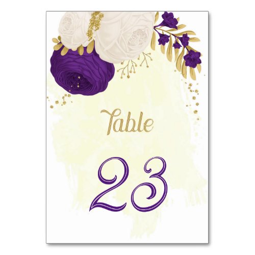 royal purple white flowers gold wedding table numb table number