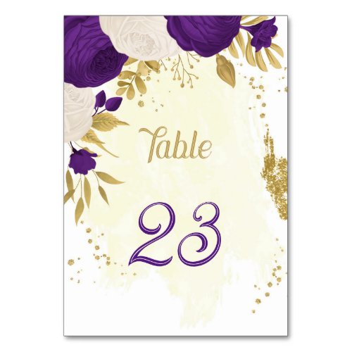 royal purple white flowers gold wedding table number