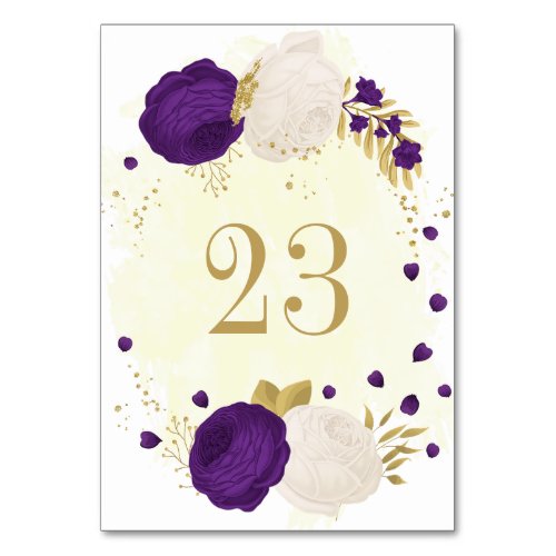 royal purple white flowers gold wedding table number