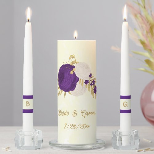 royal purple  white flowers gold wedding unity candle set