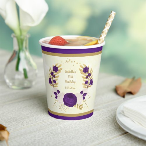 royal purple  white flowers gold wreath paper cups