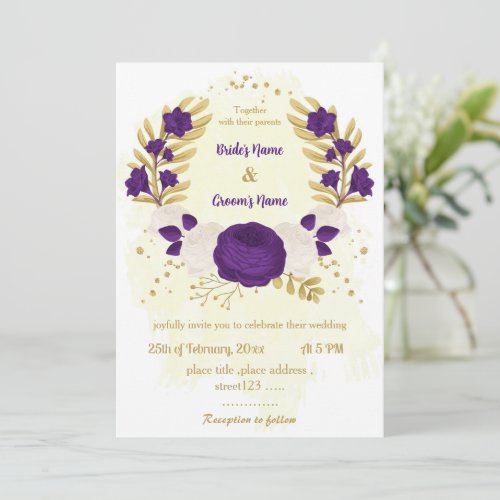 royal purple white flowers gold wreath wedding  invitation