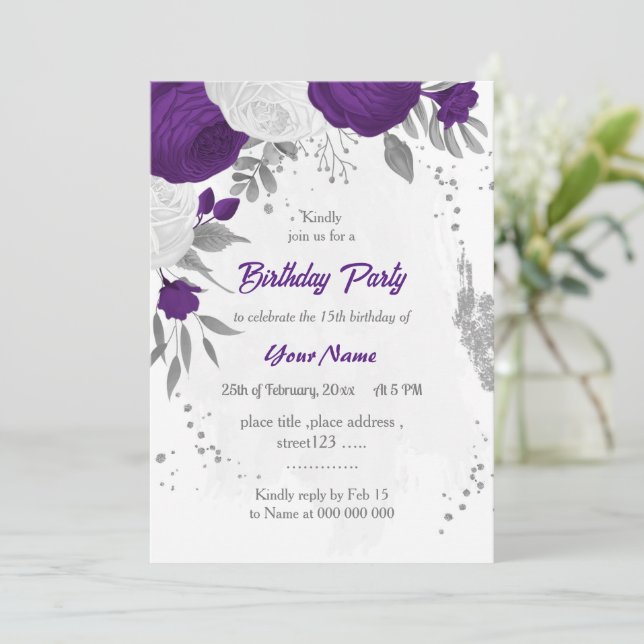 royal purple white flowers silver birthday party invitation (Standing Front)
