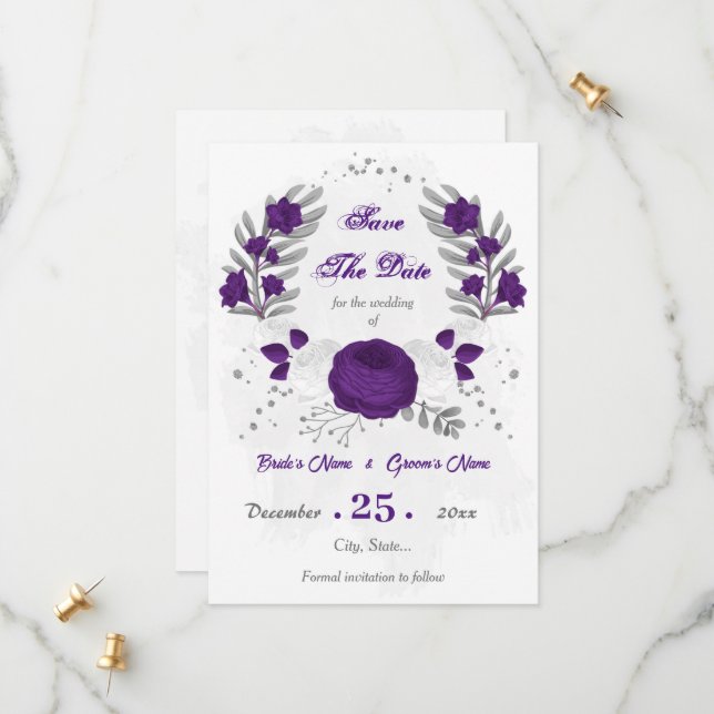 royal purple white flowers silver botanical save the date (Front/Back In Situ)