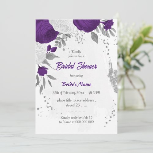 royal purple white flowers silver bridal shower invitation