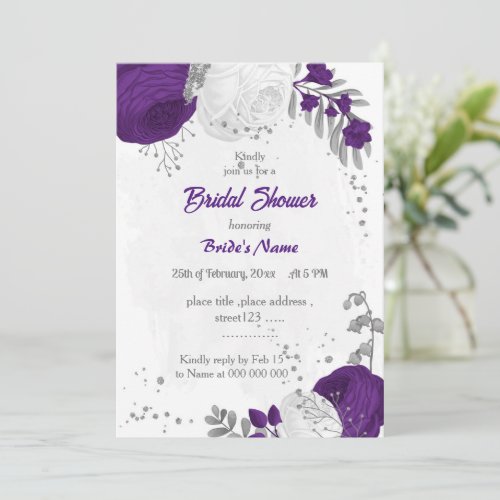 royal purple white flowers silver bridal shower  invitation