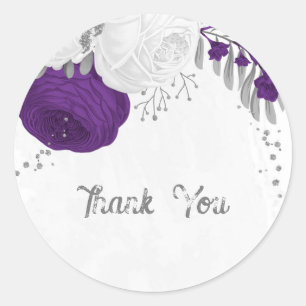 royal purple & white flowers silver classic round sticker