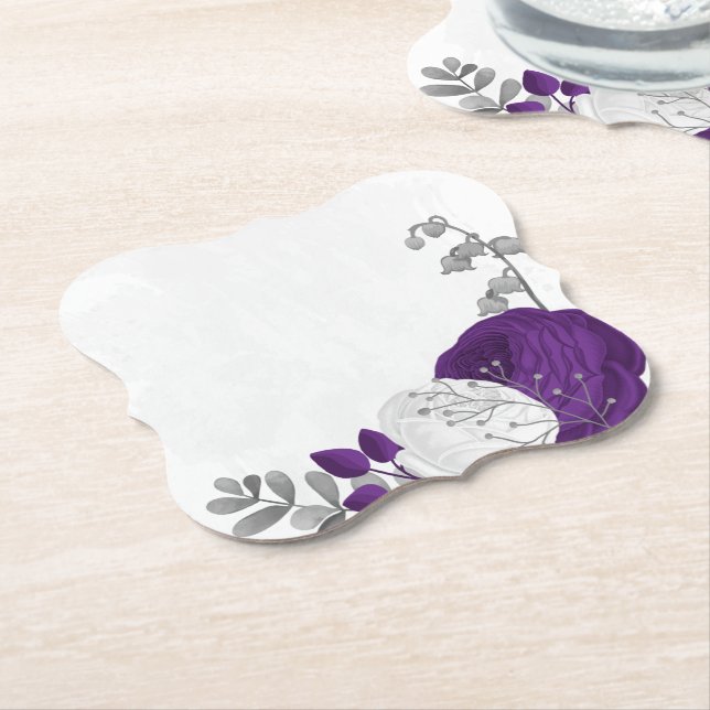 royal purple & white flowers silver paper coaster (Angled)