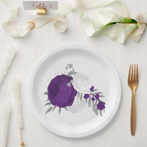 royal purple  white flowers silver paper plates