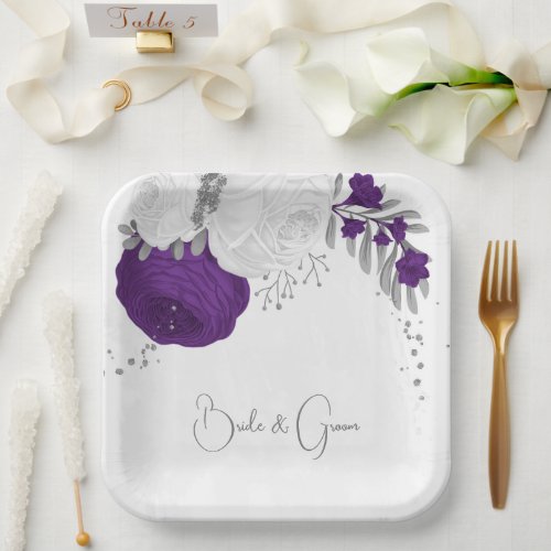 royal purple  white flowers silver paper plates