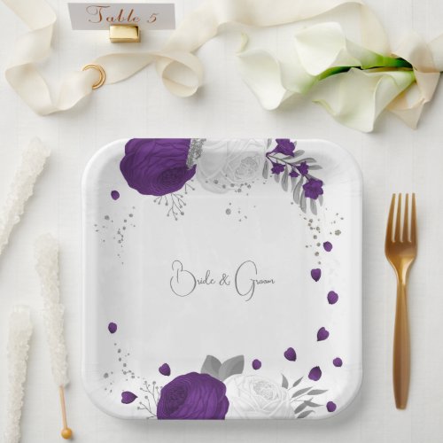 royal purple  white flowers silver paper plates