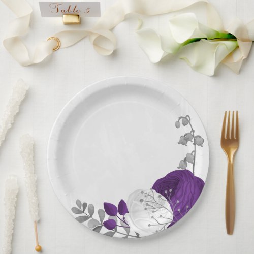 royal purple  white flowers silver paper plates