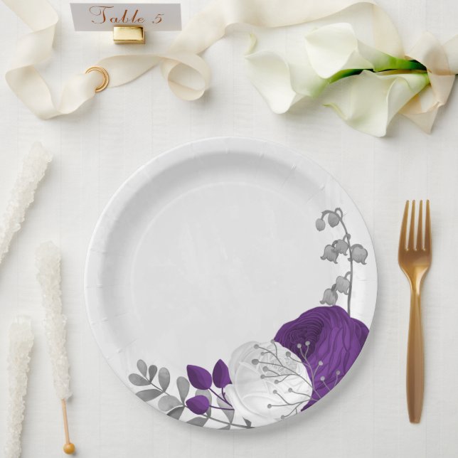 royal purple & white flowers silver paper plates (Wedding)