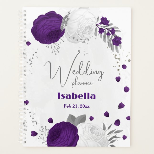 royal purple white flowers silver  planner (Front)