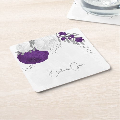 royal purple  white flowers silver square paper coaster