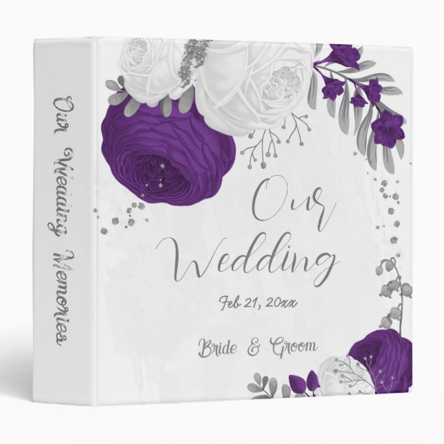 royal purple white flowers silver wedding album 3 ring binder (Front/Spine)