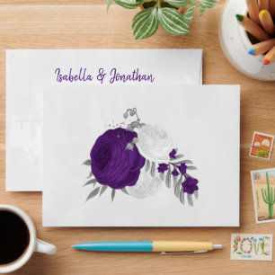 royal purple & white flowers silver wedding envelope