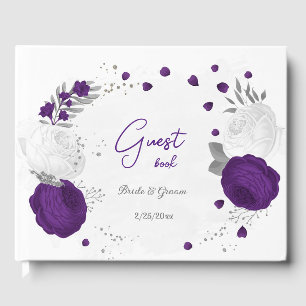 royal purple & white flowers silver wedding  guest book