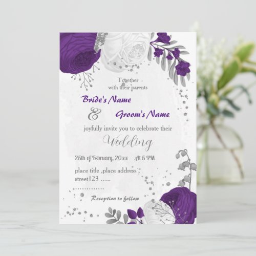 royal purple white flowers silver wedding invitation