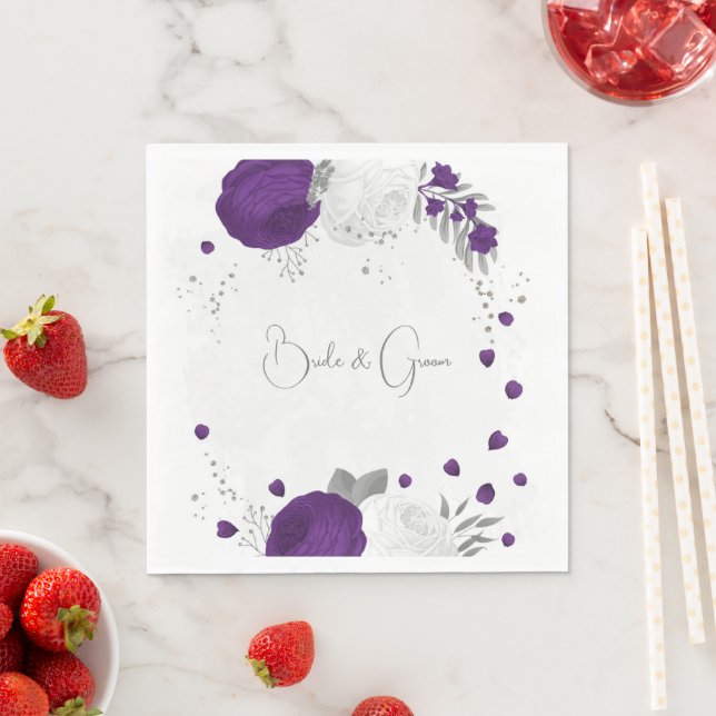 royal purple & white flowers silver wedding napkins (Insitu)