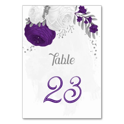 royal purple white flowers silver wedding table nu table number