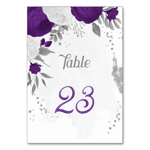 royal purple white flowers silver wedding table number