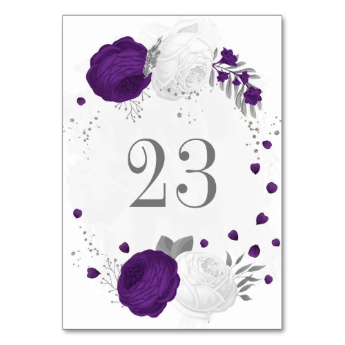 royal purple white flowers silver wedding table number