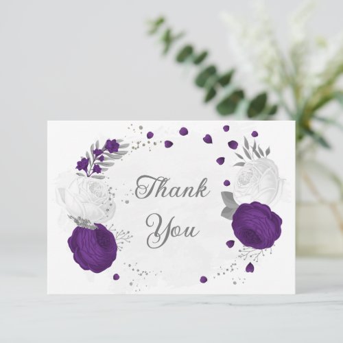 royal purple  white flowers silver wedding thank you card