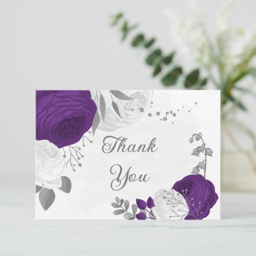 royal purple  white flowers silver wedding thank you card