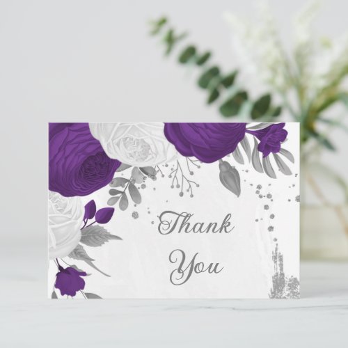 royal purple  white flowers silver wedding thank you card