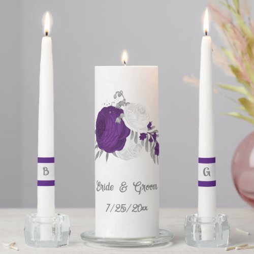 royal purple  white flowers silver wedding unity candle set