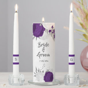 royal purple & white flowers silver wedding unity candle set